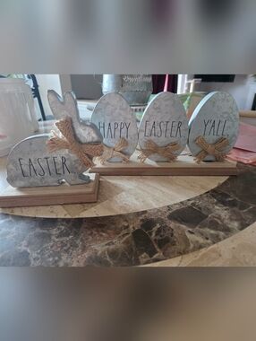 Rae Dunn Galvanized Metal Easter Bunny and Eggs Decor with Burlap Bows